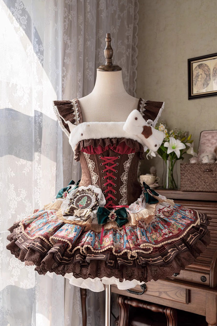 Brown [Candy House] Multi-Layered Print Ruffle Bowknot Lace-Up Sweet Ballet Lolita Jsk Dress - Brown - 1
