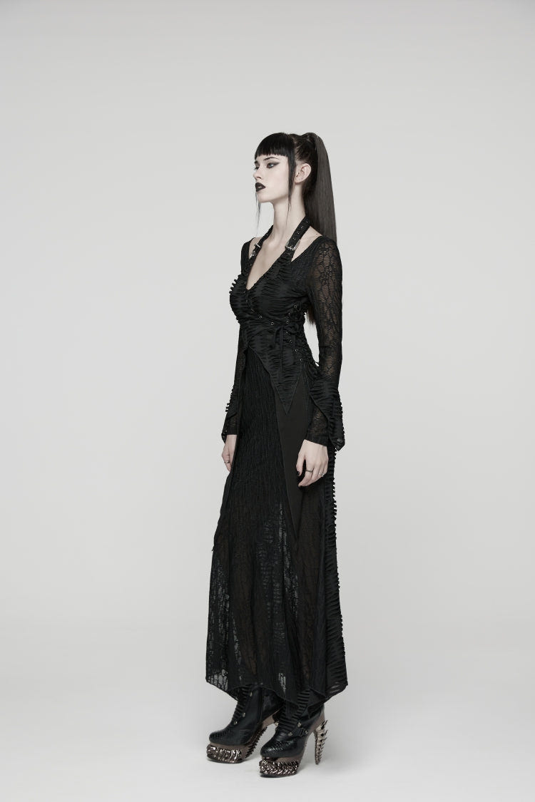 Black Off Shoulder Halterneck Long Trumpet Sleeves Hanayome Lace Lace-Up Women's Punk Dress - Product - 2