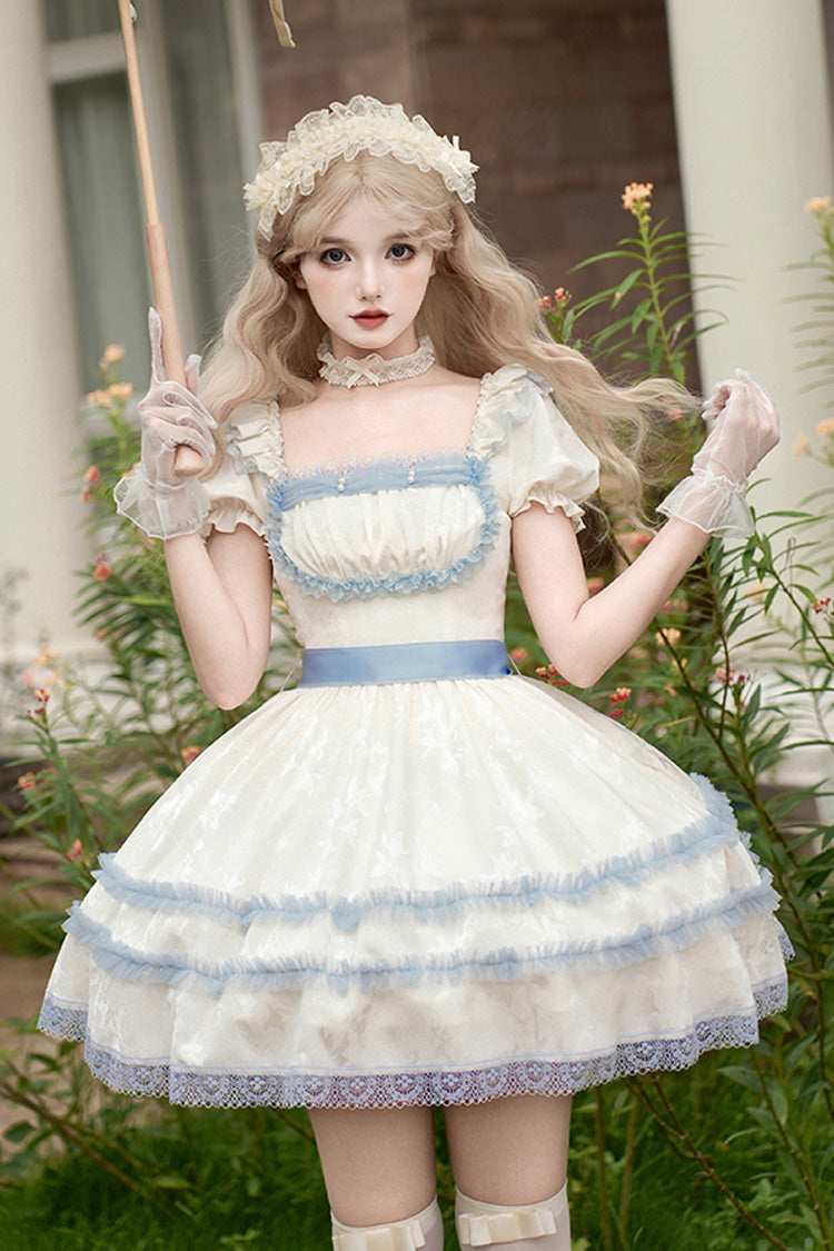 Ivory [Sea Salt Iced Tea] Square Collar Short Sleeves Ruffle Fishbone Sweet Lolita Short Dress - Product - 2