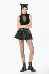 Black Women's Punk Cross Eyelet Cut-Out Coffin Mesh Splice Tank Top - Product - 8
