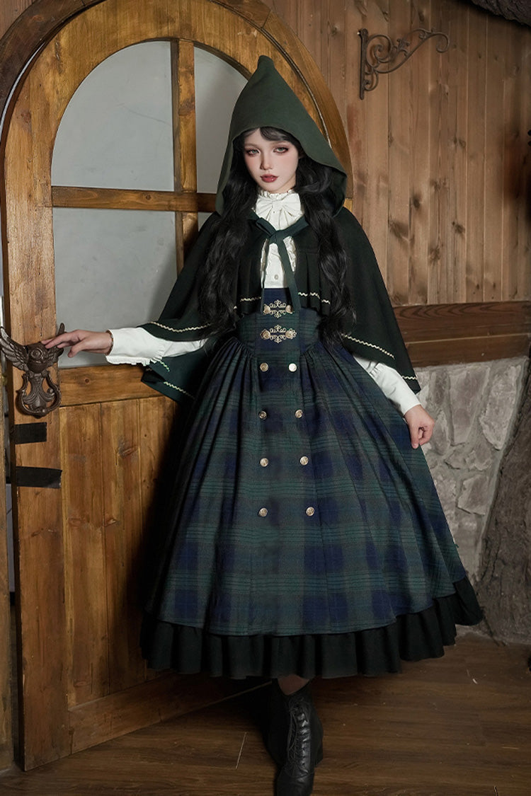 Blue/Green [Berlin's letter] Double-Layered Plaid Print Ruffle Bowknot Classic College Style Lolita Strap Dress Set 2 Versions - Product - 24