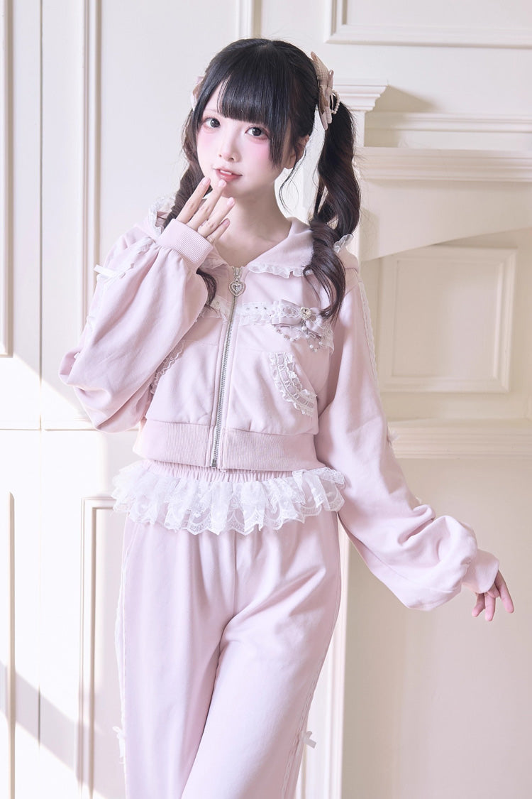 Sweet Long Sleeves Bowknot Lace Hooded Jirai Kei Hoodie Pants Set 3 Colors - Product - 3