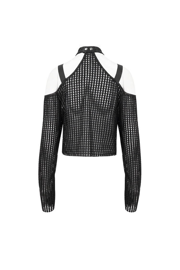 Black Off Shoulder Buckle Sheer Crop Women's Punk Shirt - Product - 9
