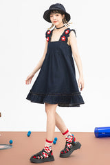 Black Denim Ruffled Strap With Flower Accessories High Waisted Sweet Lolita Strap Dress - Product - 3