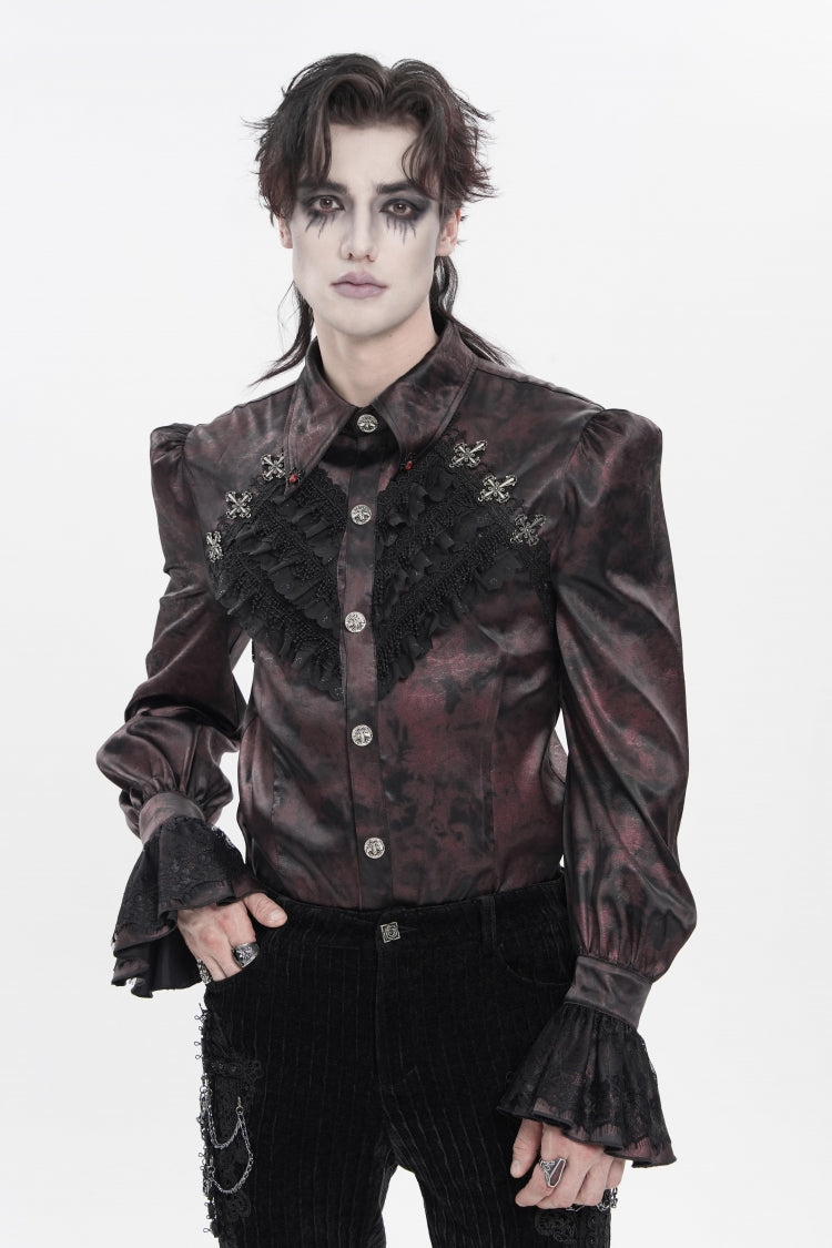 Red  Cross Spider Turn-down Collar Long Trumpet Sleeves Printed Lace Men's Gothic Shirt - Product - 11
