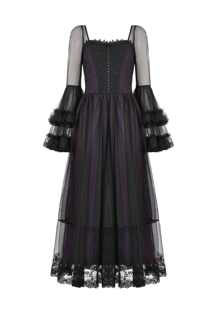 Purple Sheer Lace Square-Cut Collar Double-Layered Long Flared Sleeves  Lace-Up Women's Gothic Maxi Dress - Product - 3