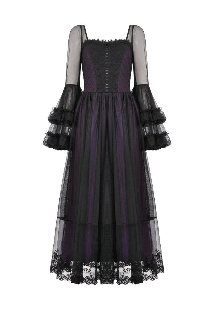 Purple Sheer Lace Square-Cut Collar Double-Layered Long Flared Sleeves  Lace-Up Women's Gothic Maxi Dress - Product - 3