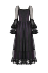 Purple Sheer Lace Square-Cut Collar Double-Layered Long Flared Sleeves  Lace-Up Women's Gothic Maxi Dress - Product - 3