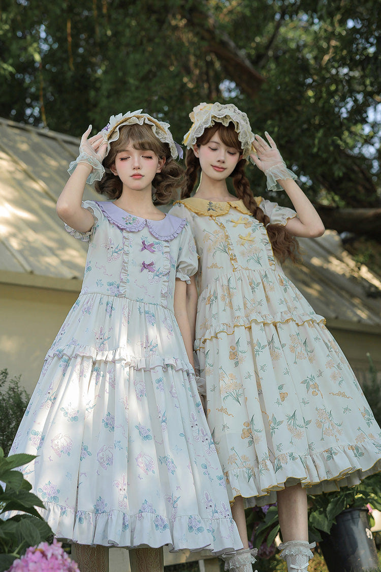 [Breezy Summer Blossoms] Peter Pan Collar Short Sleeves Jacquard Printed Ruffled Embroidered Bow Sweet Lolita Dress 2 Colors (Yellow, Purple) - Product - 8
