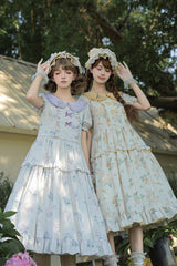 [Breezy Summer Blossoms] Peter Pan Collar Short Sleeves Jacquard Printed Ruffled Embroidered Bow Sweet Lolita Dress 2 Colors (Yellow, Purple) - Product - 8