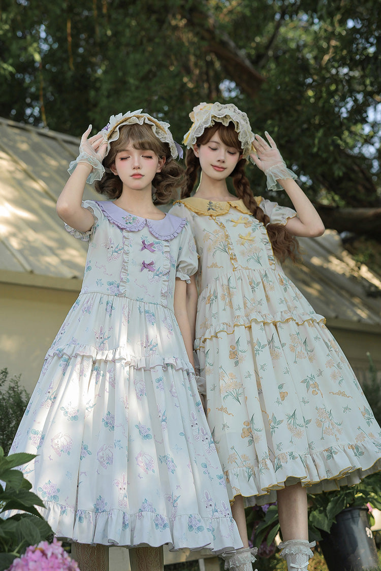 [Breezy Summer Blossoms] Peter Pan Collar Short Sleeves Jacquard Printed Ruffled Embroidered Bow Sweet Lolita Dress 2 Colors (Yellow, Purple) - Product - 8