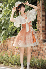 Orange Square Collar Sleeveless Chrysanthemum Printed Bow Lace-Up Asymmetric Sweet Chinese Inspired Lolita Jsk Dress Set - Product - 3