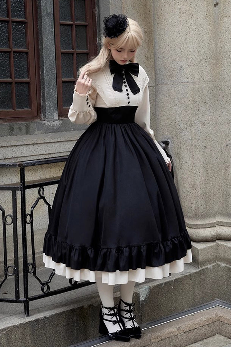 Rose Embroidery Long Sleeves Ruffle Bowknot Fake Two Pieces Elegant Lolita Dress 2 Colors - Product - 5
