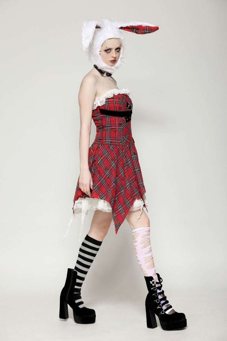 Red Buckled Frayed Asymmetric Hem Women's Punk Grunge Plaid Mini Slip Dress - Product - 2