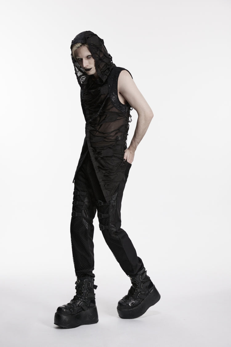 Black Sleeveless Cut-Out Spliced Lace-Up Hooded Sheer Asymmetric Eyelet Men's Punk Handsome Vest - Product - 3