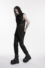 Black Sleeveless Cut-Out Spliced Lace-Up Hooded Sheer Asymmetric Eyelet Men's Punk Handsome Vest - Product - 3