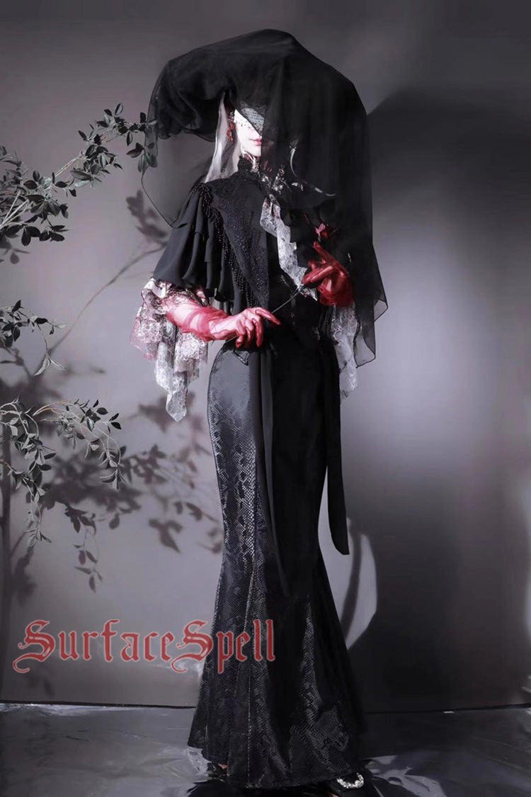 Black Faux Leather Snake Print Flared Fishbone Mermaid Gothic Lolita Skirt - Product - 4