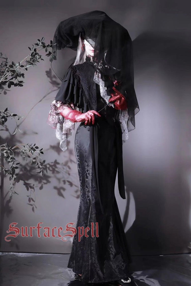 Black Faux Leather Snake Print Flared Fishbone Mermaid Gothic Lolita Skirt - Product - 4
