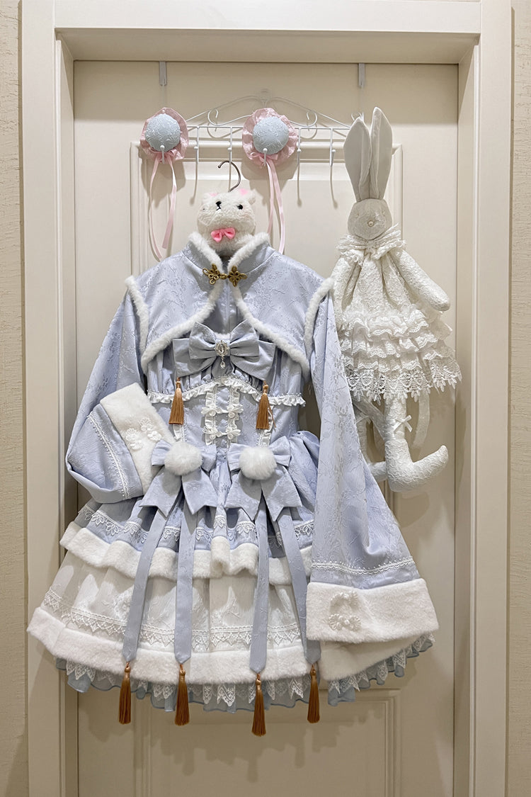Blue [Snow Rabbit] Long Sleeves Ruffle Bowknot Fake Two Pieces Sweet Lolita Dress - Product - 3