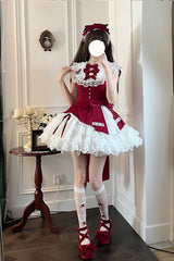 Red [Miss Tsundere] Sleeveless Multi-Layered Ruffle Bowknot Lace Asymmetric Sweet Princess Lolita Dress - Product - 5