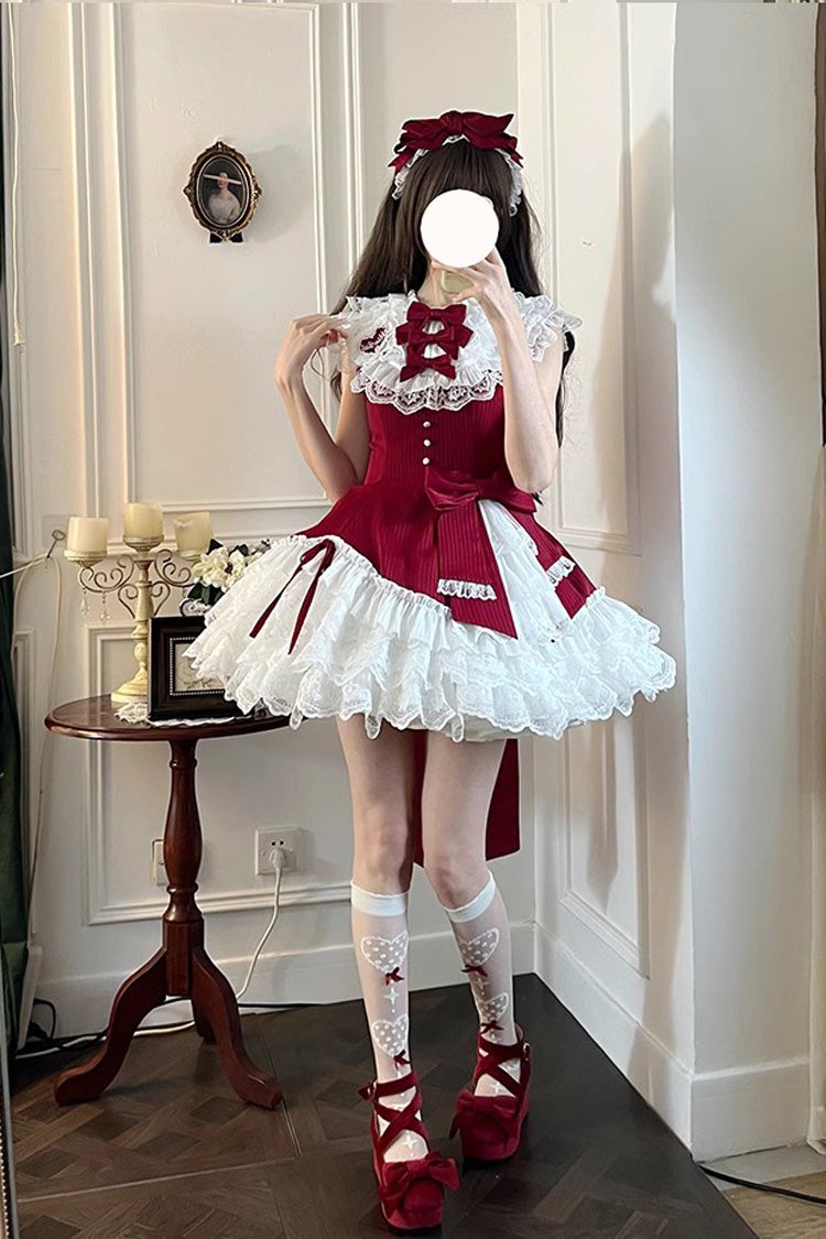 Red [Miss Tsundere] Sleeveless Multi-Layered Ruffle Bowknot Lace Asymmetric Sweet Princess Lolita Dress - Product - 5