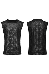 Black Round Collar Sleeveless Print Ripped Distressed Eyelet Men's Gothic Tank Top - Product - 5