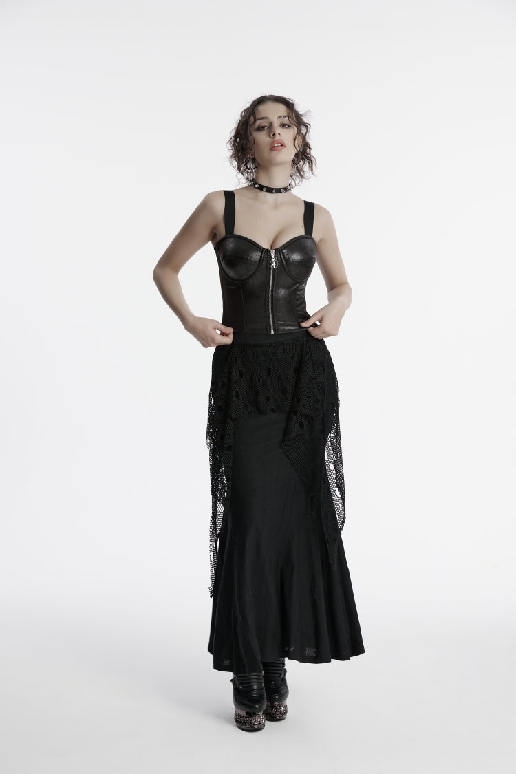 Double-Layered Spliced Mesh Ripped Eyelet Women's Punk Fishtail Skirt - Black - 1
