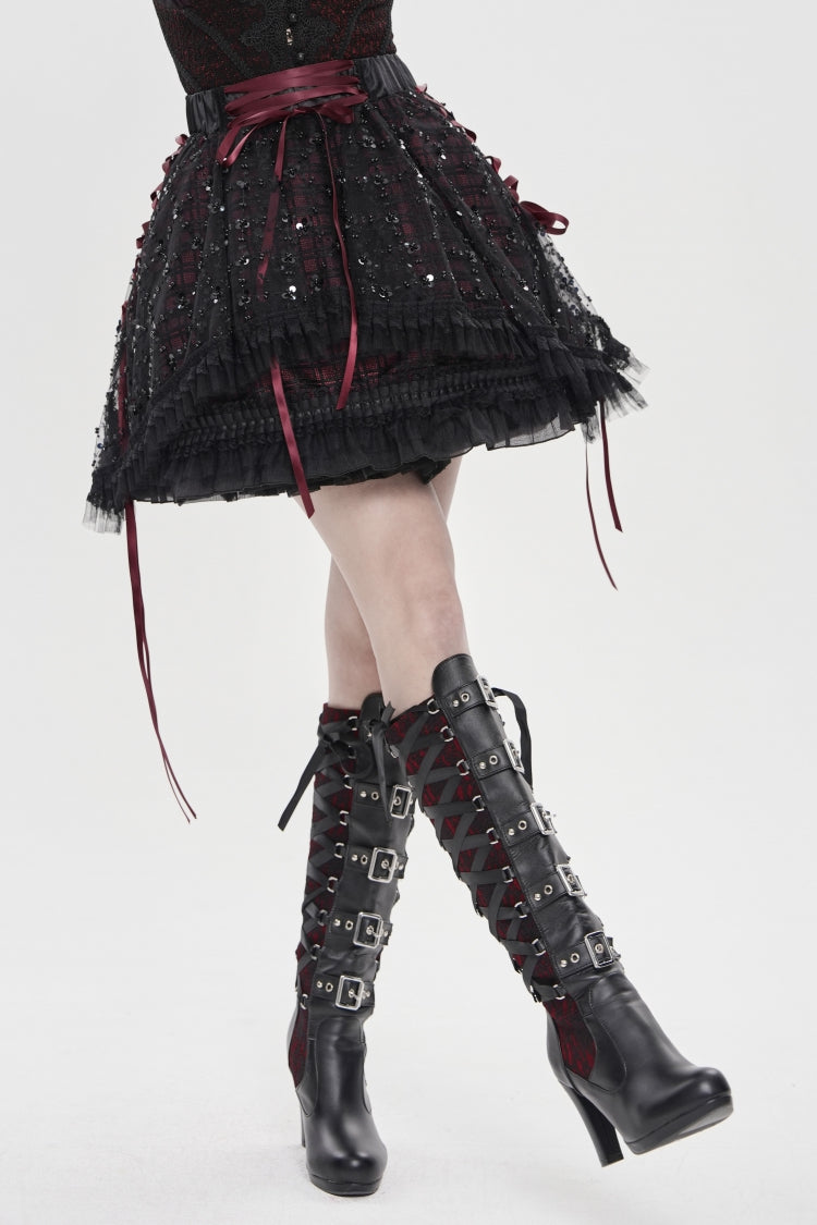 Black/Red Multi-Layered Lace Lace-Up Women's Gothic Skirt - Product - 4