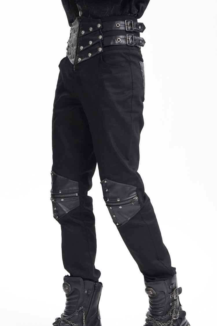 Black Stitching Buckle-up Studs Men's Gothic Pants - Product - 5