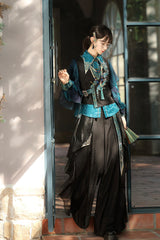 Black/Green Round Collar Long Sleeves Ruffle Embroidery Chinese Style Vintage Handsome Ouji Lolita Set - Product - 7