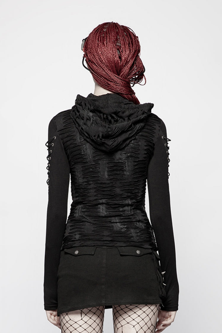 Black Long Sleeves Slim Hooded Ripped Women's Steampunk T-Shirt - Product - 3