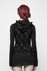 Black Long Sleeves Slim Hooded Ripped Women's Steampunk T-Shirt - Product - 3