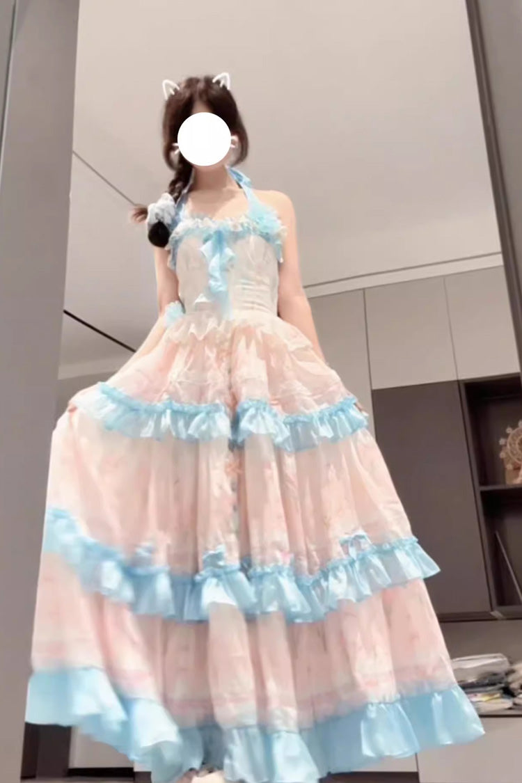 Blue/Pink [Meet the Sea] Triple-Layered Print Backless Ruffle Sweet Lolita Dress - Product - 2