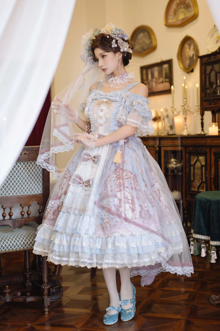 Blue [Moonlight Melody] Off Shoulder Sleeveless Multi-Layered Hanayome Open-Front Bow Lace Sweet Gorgeous Lolita Jsk Dress Set - Blue - 1