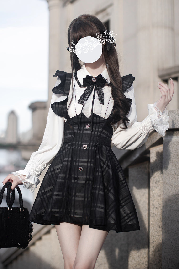 Black Plaid Print Classic College Style Elegant Lolita Strap Short Dress - Black - 1