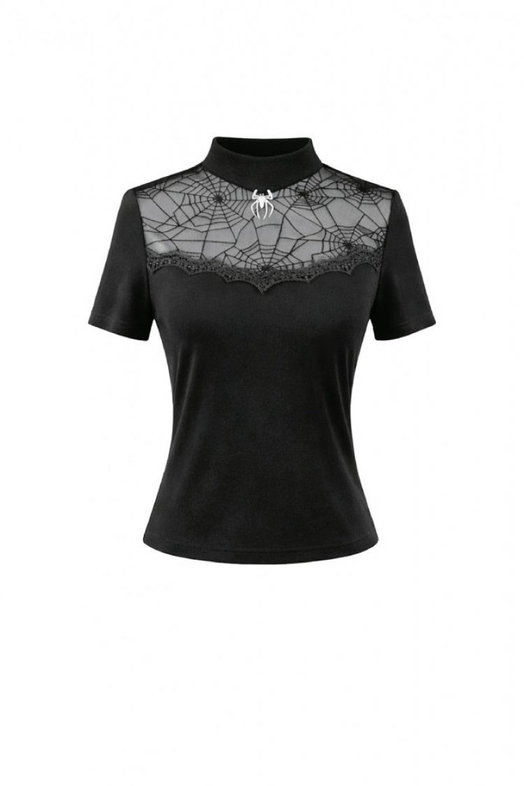 Black Short Sleeves Cut-Out Spider Cobweb Sheer Mesh Women's Gothic Top - Product - 3