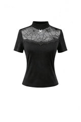 Black Short Sleeves Cut-Out Spider Cobweb Sheer Mesh Women's Gothic Top - Product - 3