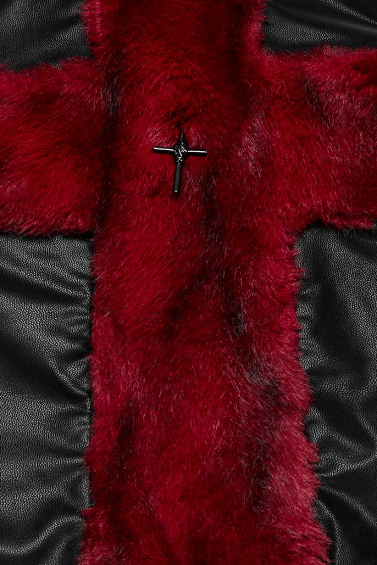 Black/Red Halterneck Sleeveless Cross Faux Fur Stitching Women's Punk Vest - Product - 5