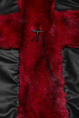 Black/Red Halterneck Sleeveless Cross Faux Fur Stitching Women's Punk Vest - Product - 5