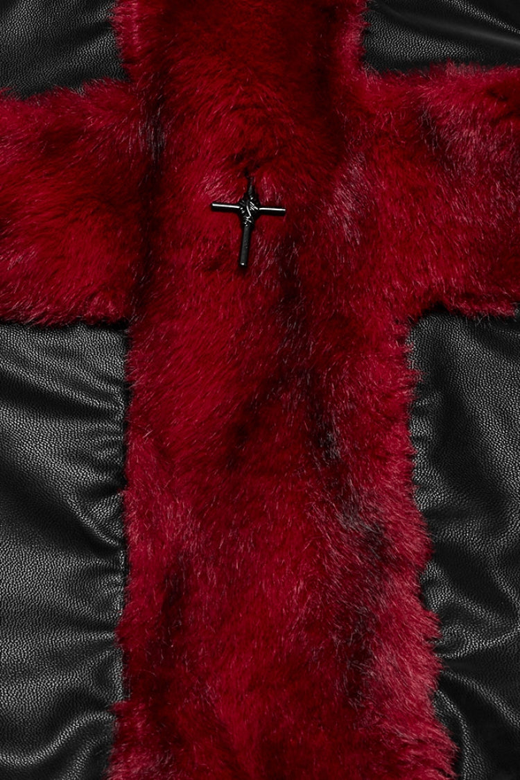 Black/Red Halterneck Sleeveless Cross Faux Fur Stitching Women's Punk Vest - Product - 5
