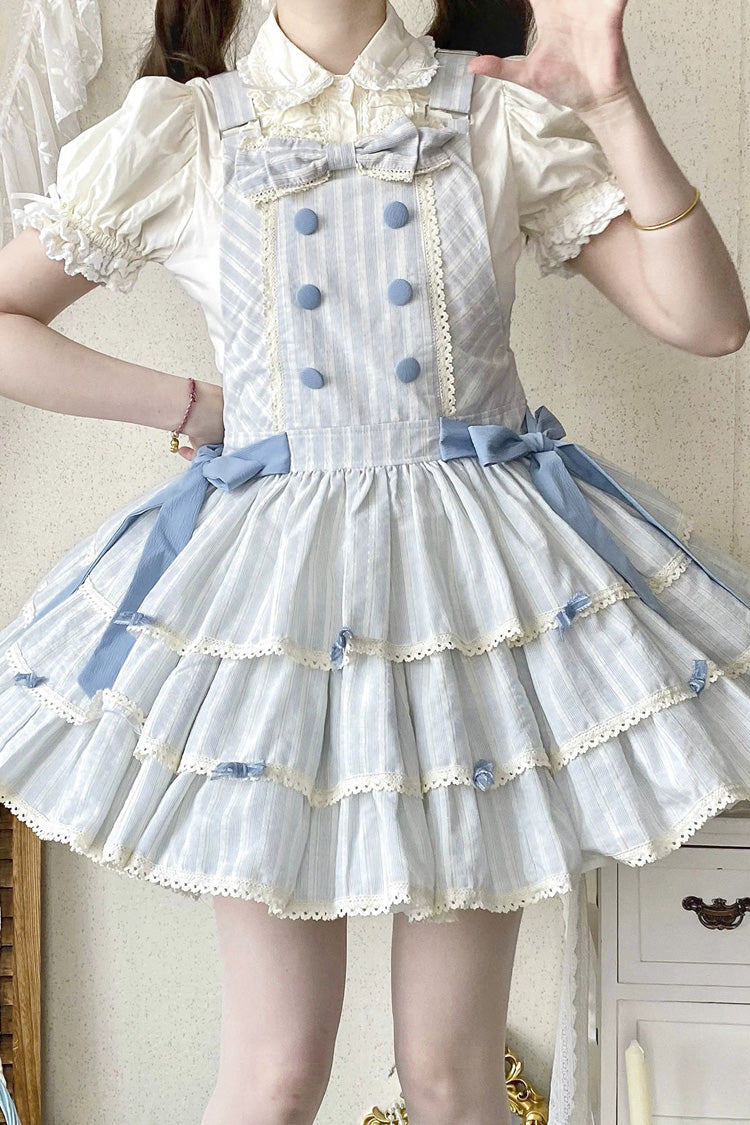 Light Blue Cotton Sleeveless Triple-Layered Printed Ruffled Bow Sweet Lolita Strap Dress - Product - 3