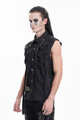 Black Lapel Collar Sleeveless Lace-Up Ripped Ring Men's Gothic Vest - Product - 2