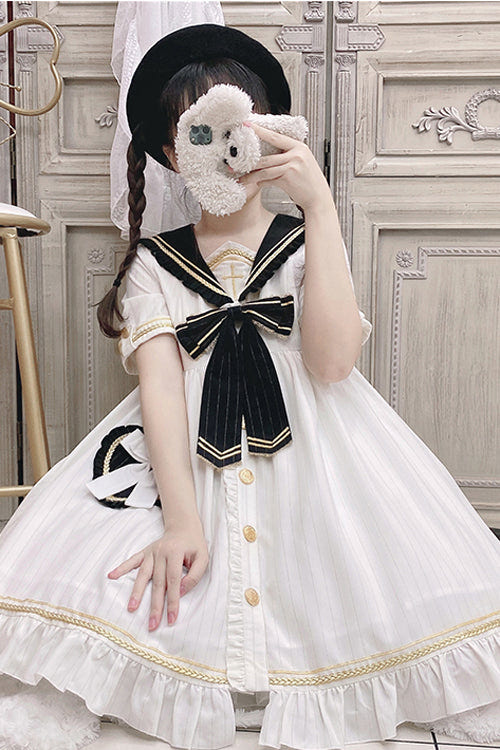 Chest Cross Striped Short Sleeve Gothic Lolita Dress - Product - 2