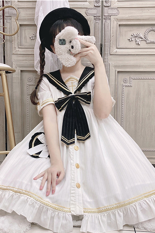 Chest Cross Striped Short Sleeve Gothic Lolita Dress - Product - 2