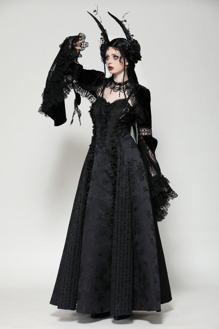 Black Long Puff Flared Sleeves Ruffled Lace Spliced Velvet Women's Gothic Cape - Product - 7