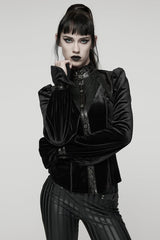 Black Stand Collar Long Puff Sleeves Stitching Lace-Up Women's Gothic Coat - Black - 1