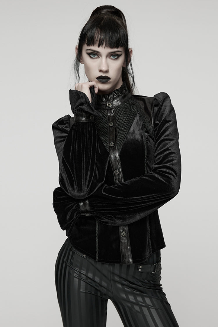 Black Stand Collar Long Puff Sleeves Stitching Lace-Up Women's Gothic Coat - Black - 1