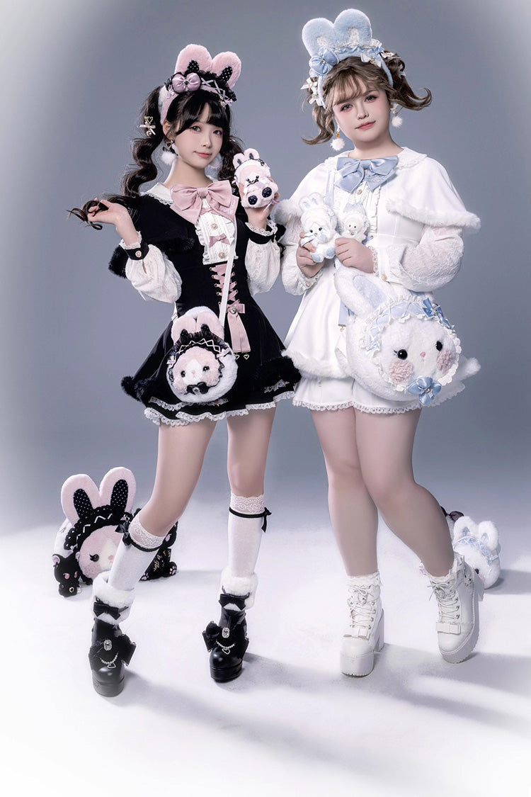 White Long Sleeves Ruffle Bowknot Lace-Up Japanese Jirai Kei Dress Shorts Plush Set - Product - 3