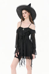 Black Moon Charm Off Shoulder Long Puff Bishop Sleeves Layered Ruffled Hem Women's Gothic Slip Dress - Product - 2