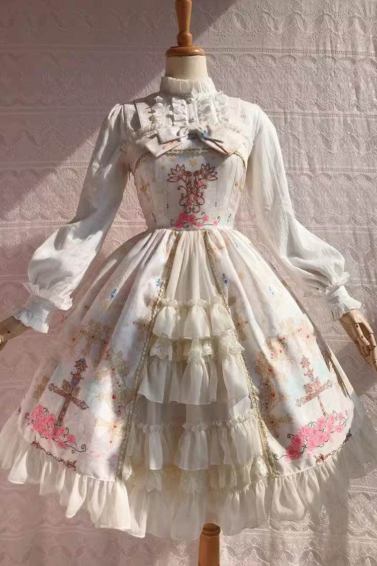 Peacock Cross Print Ruffle Cardigan Bowknot Sweet Lolita Jsk Dress 4 Colors - Off-White - 2